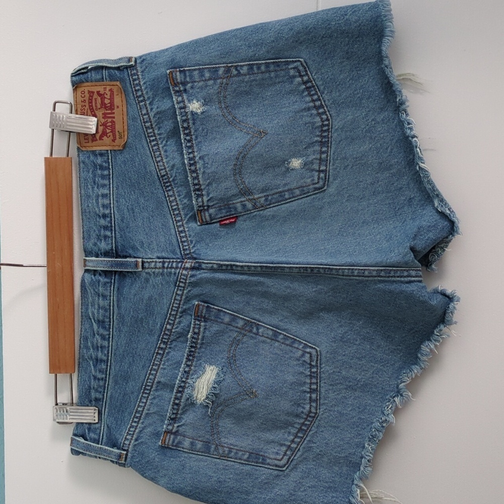 Levi's 501 Light Blue Distressed Denim Shorts Button Fly Sz 31 - Picture 3 of 9
